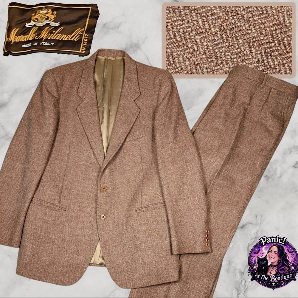 VTG Italian Made Suit Herringbone Tweed Men 48L Brown Taupe Titanus Wool Retro